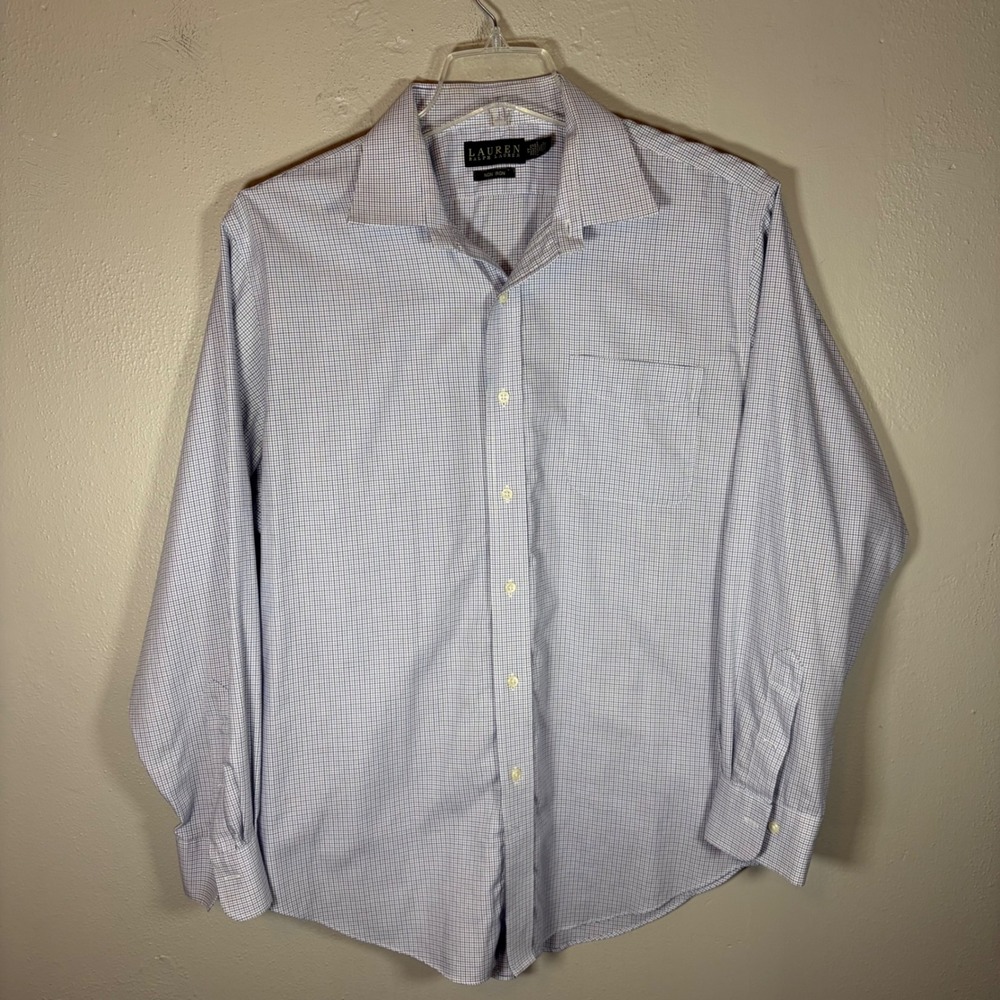 Lauren Ralph Lauren Mens Non Iron Dress Shirt 17 34/35 Blue Micro Check Cotton